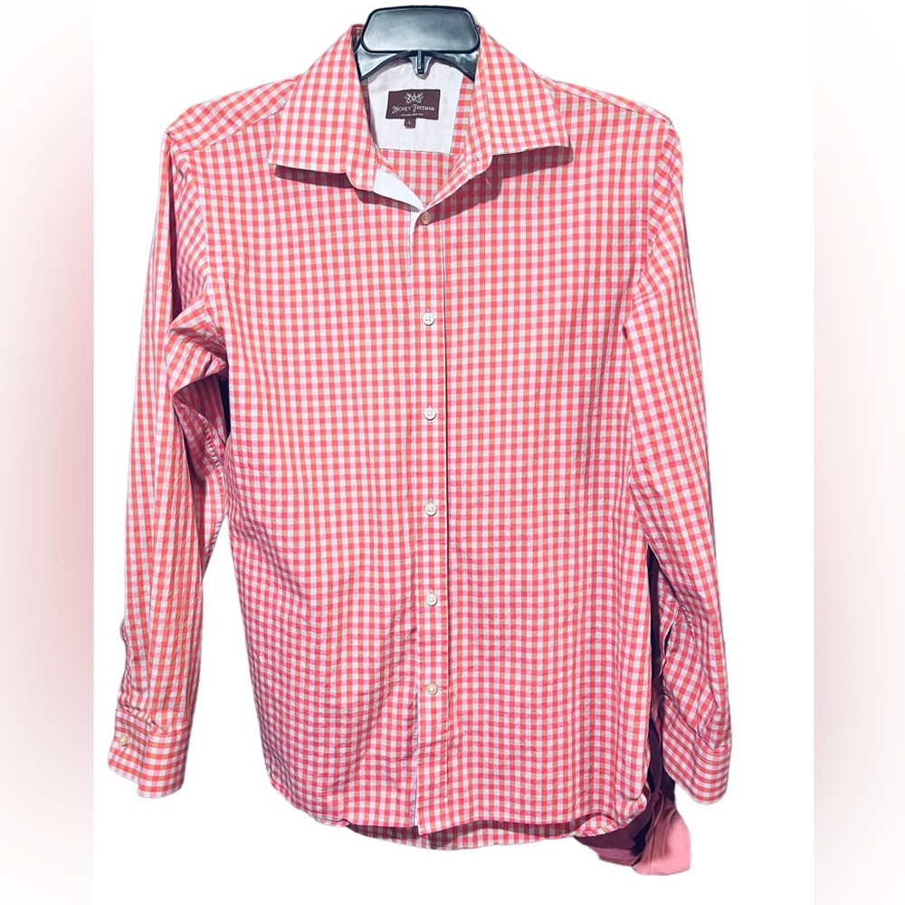 Hickey Freeman pink plaid, long sleeve button up shirt